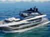 Amazing Best Boat Upholstery Styles That Transform Every Boat Luxury motor yacht cruising on calm blue sea with distant mountains on the horizon.