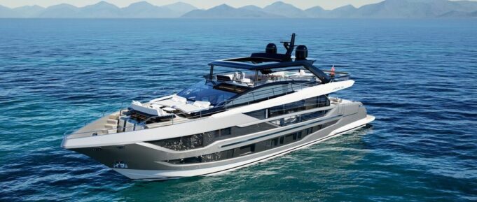 best boat upholstery fl Luxury motor yacht cruising on calm blue sea with distant mountains on the horizon.